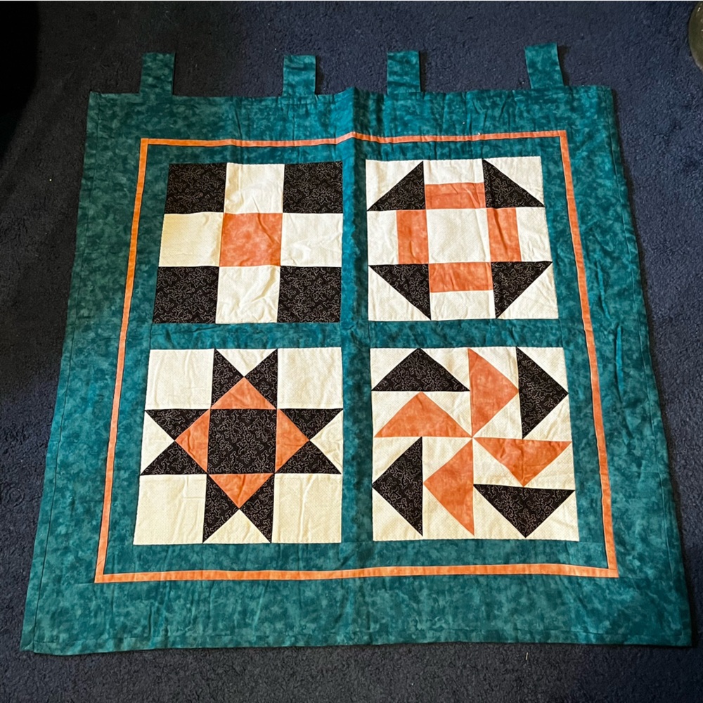 Handmade quilted wall hanging -teal/orange/cream/brown